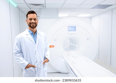 Portrait of smiling doctor radiologist standing inside hospital MRI diagnostic center. - Powered by Shutterstock