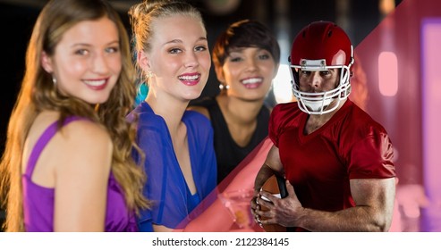 Portrait Of Smiling Female Fans At Sports Bar Watching American Football Player Holding Ball. Digital Composite Of Competitive Sport And Lifestyle.