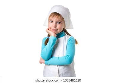 Portrait Of A Smiling Female Nurse Looking At The Camera, Hand Under The Chin. Landscape White Orientation