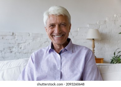 Portrait Of Smiling Handsome Hoary Middle Aged Old 70s Retired Man Sitting On Couch At Home. Happy Relaxed Mature Senior Grandfather Looking At Camera, Holding Video Web Call Distant Conversation.