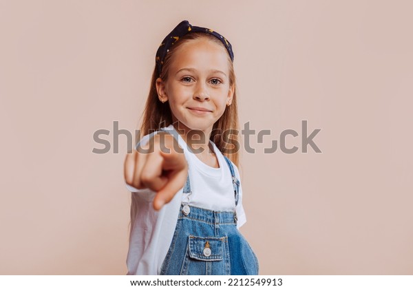 Portrait Smiling Happy Child Girl Pointing Stock Photo 2212549913 ...