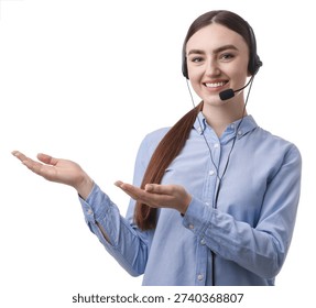 Portrait of smiling hotline operator in headset showing something on white background