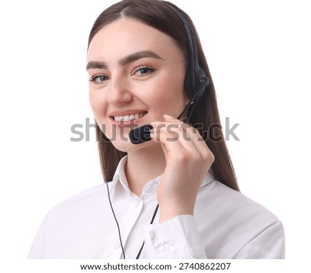 Portrait of smiling hotline operator in headset on white background