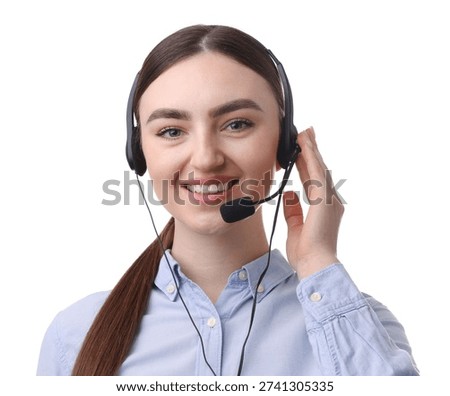 Portrait of smiling hotline operator in headset on white background