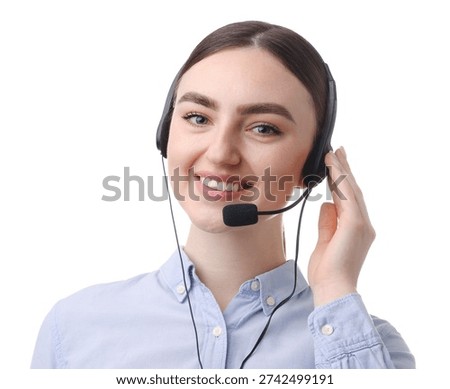 Portrait of smiling hotline operator in headset on white background