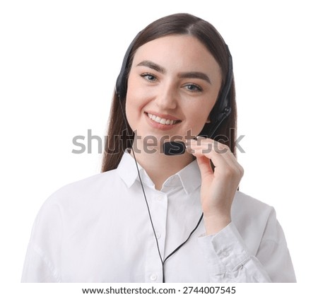 Portrait of smiling hotline operator in headset on white background