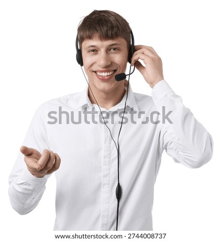 Portrait of smiling hotline operator in headset on white background
