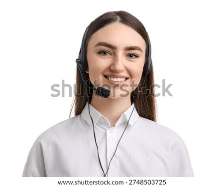 Portrait of smiling hotline operator in headset on white background