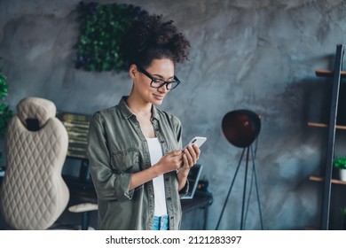 Portrait of smiling intelligent business woman use device typing chatting office room workstation indoors