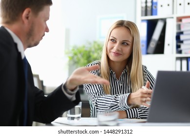Portrait of smiling lady working in modern office. Cheerful business woman discussing advantages disadvantages of contract with partner. Biz concept. Blurred background - Shutterstock ID 1448291312