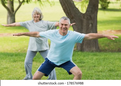 Portrait of a smiling mature couple exercising at the park