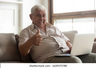 Portrait Of Smiling Mature Man Sit Relax On Couch Using Modern Laptop Show Thumbs Up For Easy Technology Usage, Happy Senior Male Recommend Good Quality Technology Working On Computer