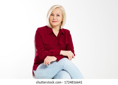 Portrait of smiling middle age woman, beautiful smile  woman close up isolated over white background - Shutterstock ID 1724816641