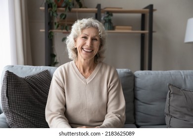 Portrait of smiling old Caucasian 60s woman sit rest on sofa in cozy living room feel optimistic. Happy middle-aged 50s female renter or grandmother relax on couch at home talk on webcam call.