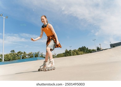 Portrait of smiling redhead teenager girl on roller skates at skate park in the city. Summer time concept