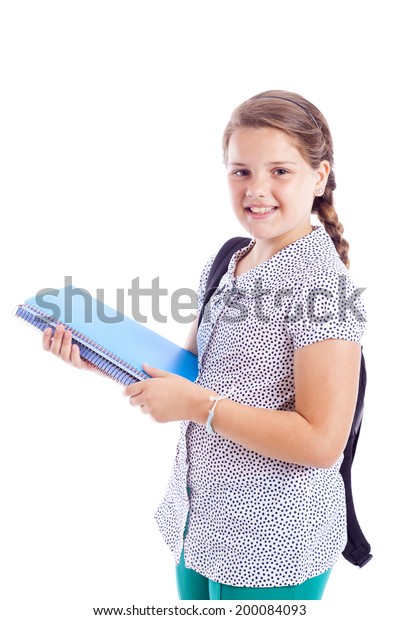 Portrait Smiling School Girl Backpack Holding Stock Photo 200084093