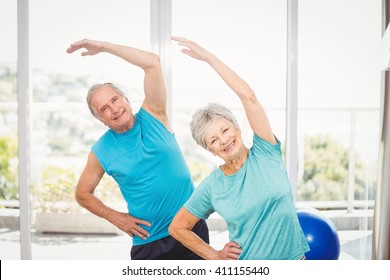 Portrait of smiling senior couple exercising at home