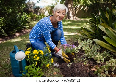 Portrait Of Smiling Senior Woman Kneeling While Planting Flowers At Backyard