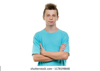 Portrait Of Smiling Teenager Boy 14, 15 Years Old, White Background Isolated.