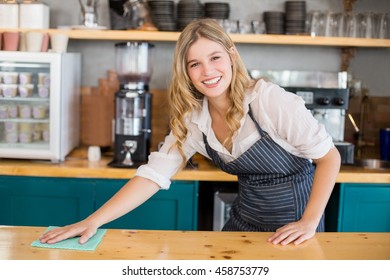 Portrait of smiling waitress cleaning cafe counter - Powered by Shutterstock