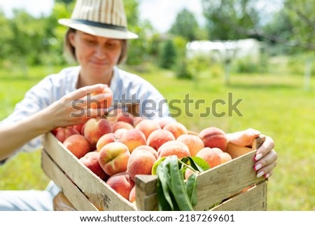Portrait of smiling woman farmer with box of freshly harvested ripe peaches