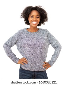 Portrait Smiling Young Black Woman Posing With Hands On Hips Against Isolated White Background