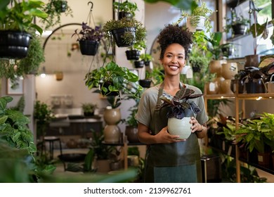 Portrait of smiling young botanist holding a fresh plant. Young black woman holding small tree in pot in gardening center. Successful botanist and store owner thinking while standing with a pot plant. - Shutterstock ID 2139962761