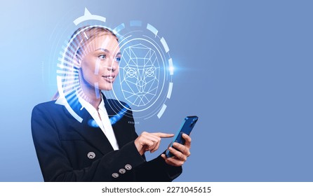 Portrait of smiling young businesswoman with blond hair using smartphone with facial recognition interface over blue background. Concept of biometric scanning. Mock up - Powered by Shutterstock