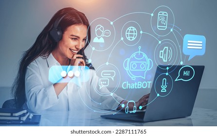 Portrait of smiling young businesswoman in headphones using laptop in office with double exposure of immersive chatbot interface. Concept of artificial intelligence