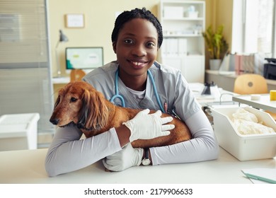 Portrait Of Smiling Young Veterinarian Hugging Dog And Looking At Camera In Vet Clinic