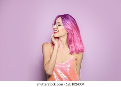 Portrait smiling young woman and dyed straight hair color background  Trendy hairstyle design 