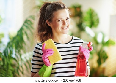 Portrait Of Smiling Young Woman In Striped Shirt With Cleaning Supplies Housecleaning In The Modern House In Sunny Day.