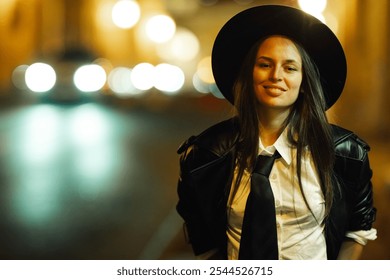 Portrait of a smiling young woman wearing a black hat, white shirt and black tie, posing at night with city lights blurred in background - Powered by Shutterstock