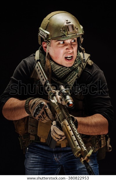 Portrait Soldier Private Military Contractor Holding Foto De Stock