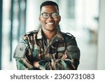 Portrait of soldier with smile, confidence and pride at army building, arms crossed and happy professional. Military career, security and courage, black man in camouflage uniform at government agency