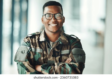 Portrait of soldier with smile, confidence and pride at army building, arms crossed and happy professional. Military career, security and courage, black man in camouflage uniform at government agency - Powered by Shutterstock