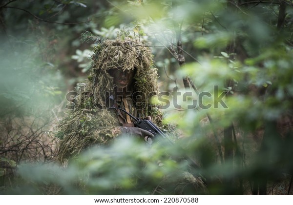 Portrait Soldier Wearing Ghille Suit Face Stock Photo 220870588 ...