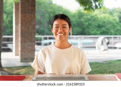 Portrait Of South American Student Smiling. Ecuadorian Woman. Copyspace.