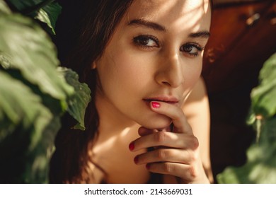 Portrait Of A Spanish Brunette Woman In A Bright Hard Light Next To Indoor Plants, An Interesting Pattern Of Light And Shadows On The Face, Close-up