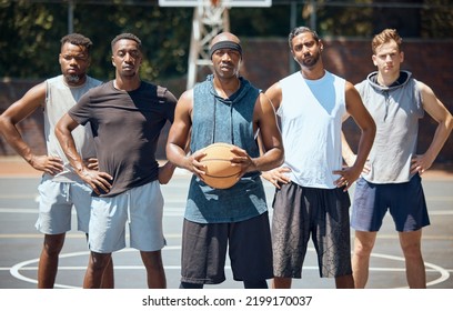 Portrait of a sports basketball team training for a game on an outdoor professional court. Workout, athletes and healthy group of men preparing with exercise and fitness for match on a playing field. - Powered by Shutterstock