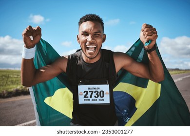 Portrait, sports and flag of Brazil with a man runner on a street in nature for motivation or success. Fitness, winner and celebration with an athlete cheering during a cardio or endurance workout - Powered by Shutterstock