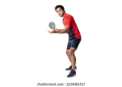 Portrait of sports man male  athlete playing table tennis isolated on white background.