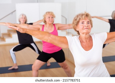 Portrait Of Sporty Elderly Woman Practicing Virabhadrasana Known As Warrior Pose During Group Yoga Training.