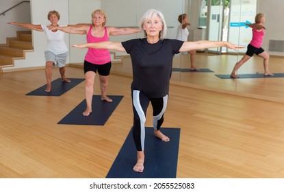 Portrait Of Sporty Mature Woman Practicing Virabhadrasana Known As Warrior Pose During Group Yoga Training.