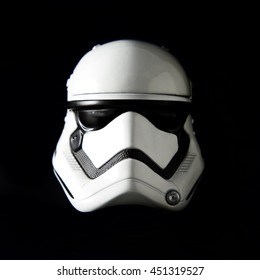 Portrait Of A Star Wars The First Order Stormtrooper Helmet On A Black Background With Dramatic Lighting