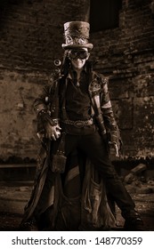 Portrait Of A Steampunk Man In The Ruins.