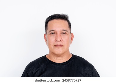 A portrait of a stoic man in casual attire with a neutral expression, isolated on a clean white background. - Powered by Shutterstock