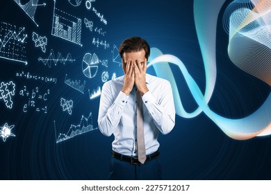 Portrait of stressed young european businessman covering face with glowing mathematical formulas hologram on blurry blue background. Equation, digital data and mathematics app concept - Powered by Shutterstock