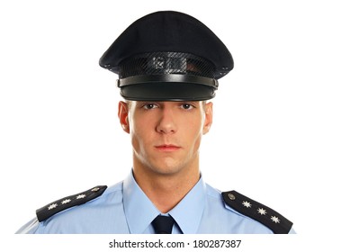 Portrait Of Strict Policeman Close-up On White Background