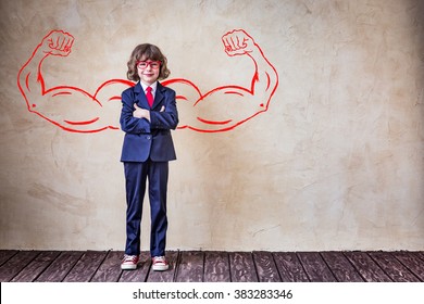 Portrait Of Strong Businessman In Office. Success, Leader And Winner Kid